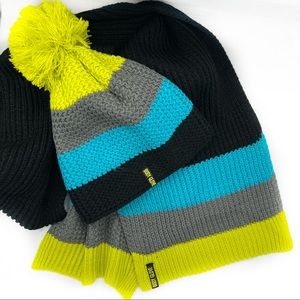 Body Glove Neon Yellow/Gray/Teal/Black Acrylic Pom Pom Hat & Scarf, NWOT